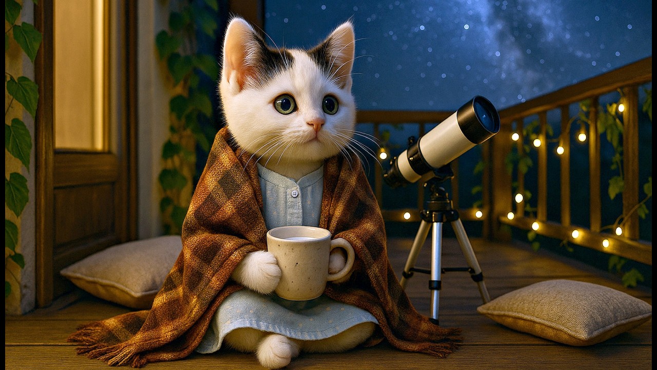 ✨ Little Kitten’s Stargazing Night: A Quiet Balcony Evening 🔭🐾