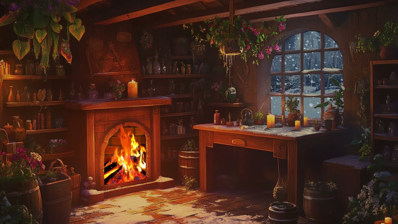 Snowy Night Indoors Surrounded by Warm Firelight and Calm Winter Breeze