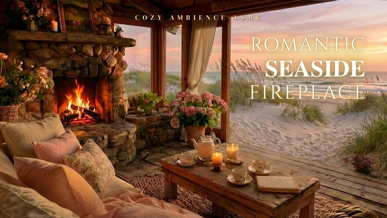 Romantic Seaside Fireplace Night 🔥🌊 Crackling Fire & Ocean Waves for Deep Sleep