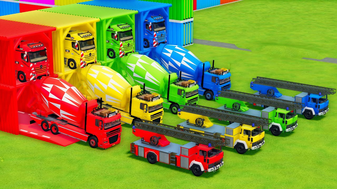 Garage with Colors - ALL MIXER TRUCK WITH DOUBLE FLATBED TRAILER TRUCK, CAT, DAF, MAGIRUS - FS22