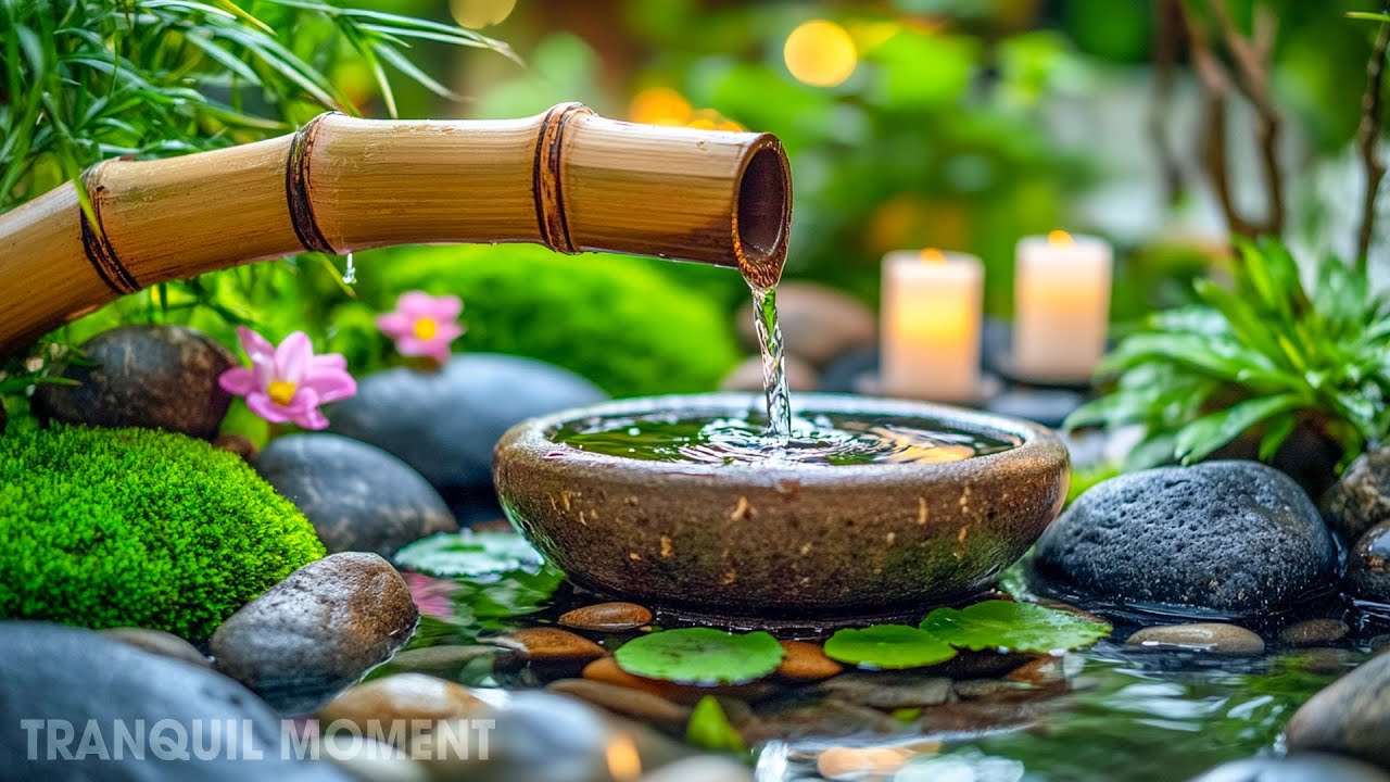 Relaxing Music with Water Sounds Meditation - Bamboo Water Fountain Healing - Sleep