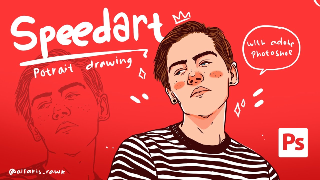 Belajar Photoshop - Menggambar potrait wajah mengunakan wacom, pen tablet (speedart)