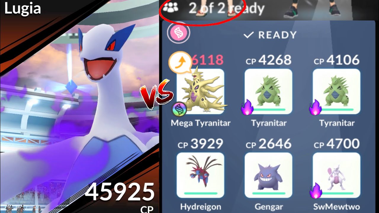 DUO Shadow Lugia Raid with Mega Tyranitar in Pokemon GO.