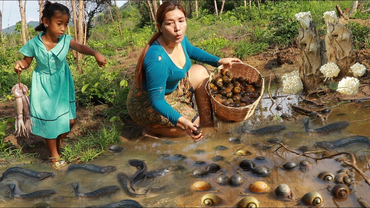Squid and snail cooking for survival/ Crispy fish tasty delicious +4food cook and eat