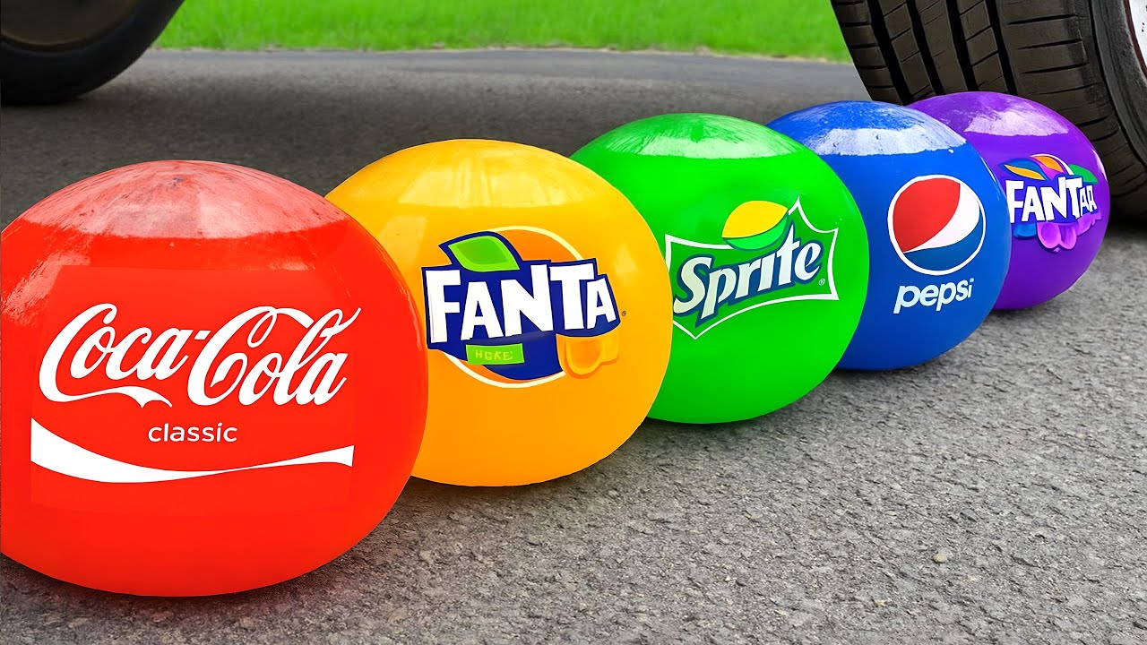 Satisfying ASMR Crushing Rainbow Coca-Cola Fanta Sprite Pepsi Balls Under Car Tire with Real Sounds