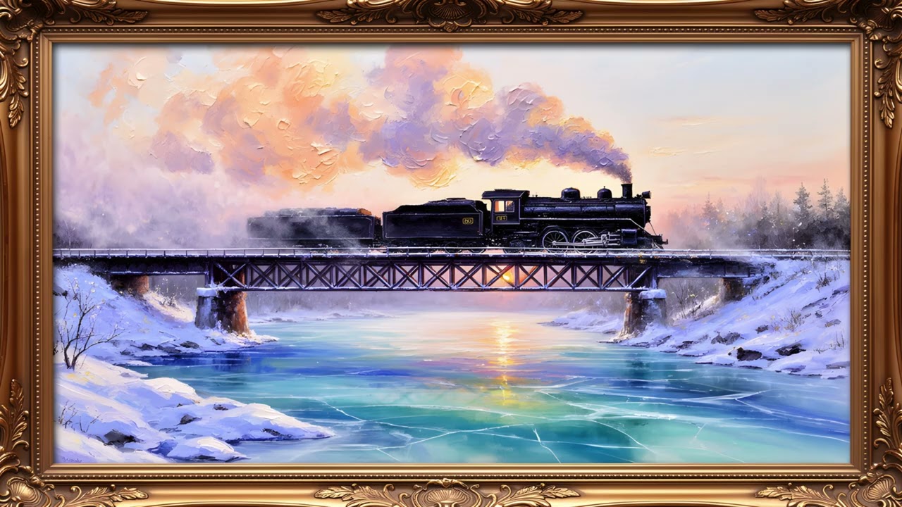 Vintage Winter Train TV Art Screensaver | Gold Frame TV Art | Art Screensaver for TV 1Hr 4K