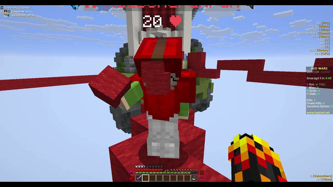eine 3vs3vs3vs3 er Runde Bedwars auf Hypixel