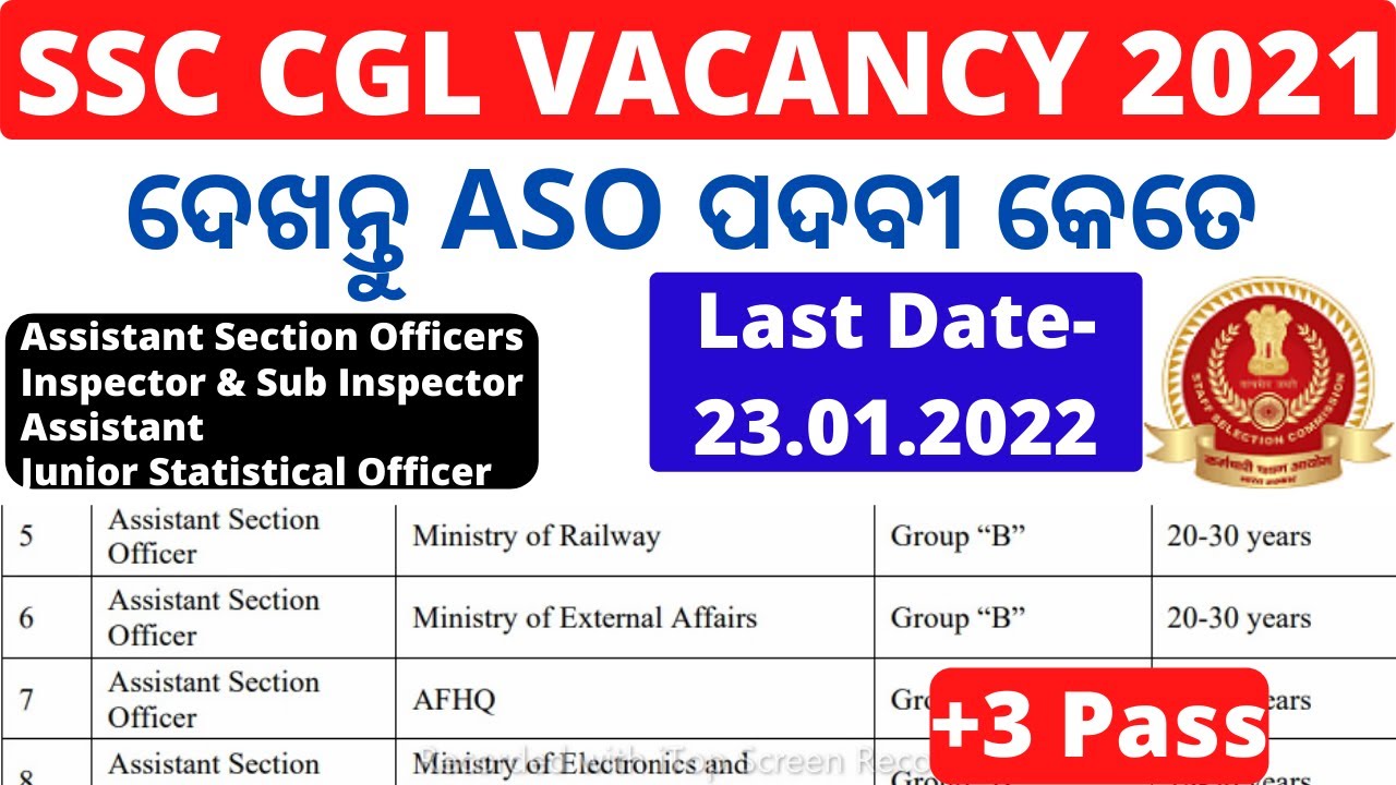 SSC CGL Recruitment 2021|ASO, Inspector & SI,JSO,Auditor,Tax Assistant|Bachelor's Degree|Last Date|