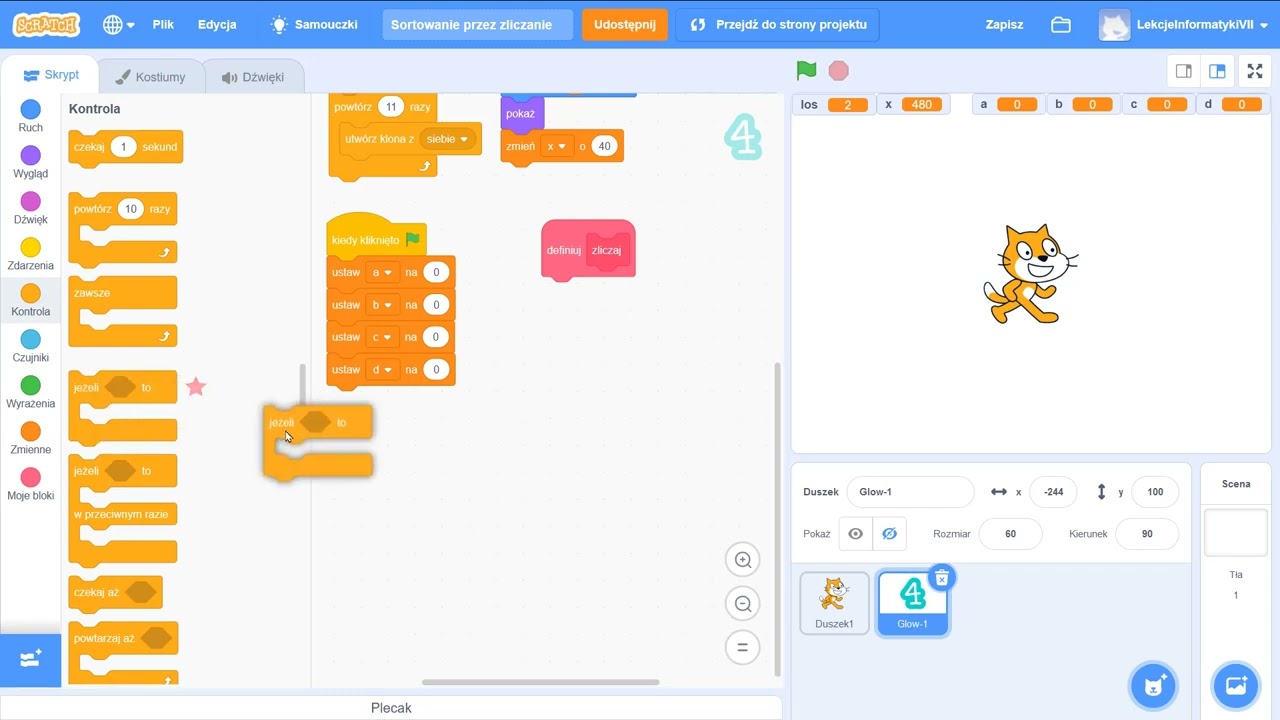 Programowanie w Scratchu. Porządkowanie przez zliczanie. Informatyka klasa 7 WSiP.