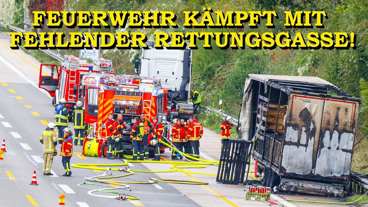 [LKW-BRAND AUF A5 BEI KARLSRUHE] - FEUERWEHR KÄMPFT MIT FEHLENDER RETTUNGSGASSE - | MEGA STAU