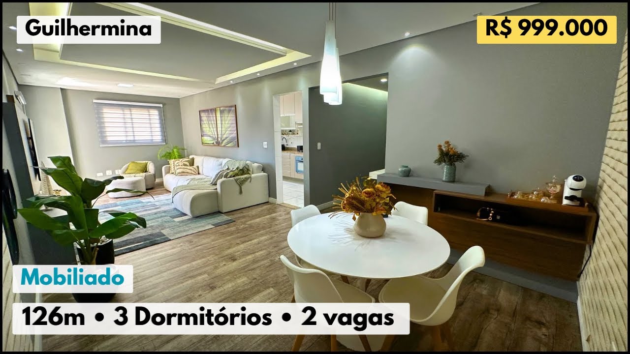 Apartamento mobiliado com 3 dormitórios,  2 vagas na Guilhermina, Praia Grande -SP