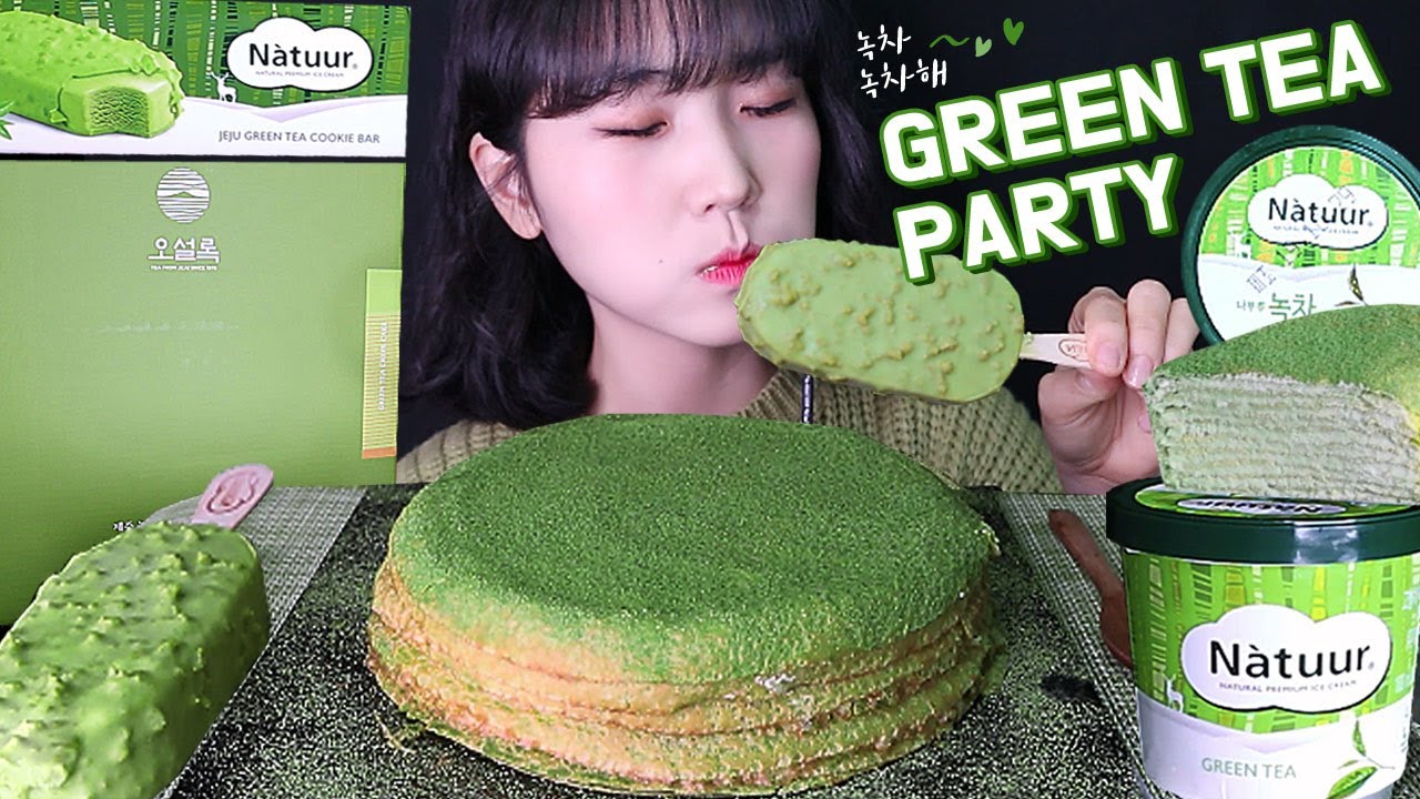 ASMR GREEN TEA ICE CREAM, CREPE CAKE MUKBANG 오설록 녹차 크레이프 케이크, 나뚜루 녹차 아이스크림 먹방 緑茶クレープケーキ 디저트 먹방