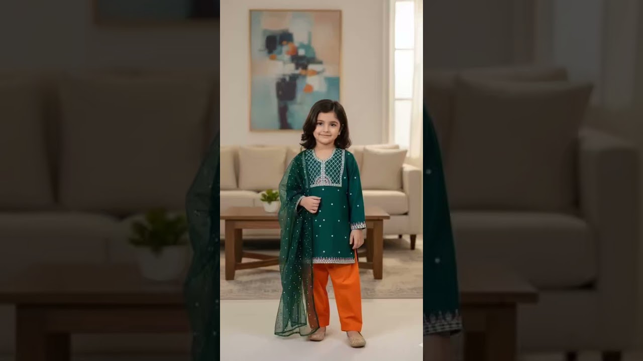 🌸 2 Pcs Girl's Stitched Cotton Embroidered Kurta – Beige 🌸 