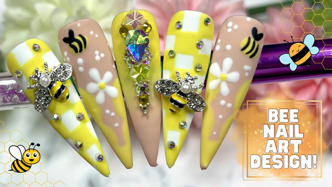 EASY SPRING STEP BY STEP BEE NAIL ART TUTORIAL| YELLOW FLOWER NAIL ART DESIGN| MADAM GLAM