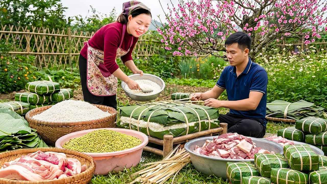 Process of Making Vietnamese Special Cake: Banh Chung and Banh Tet to Sell at Market