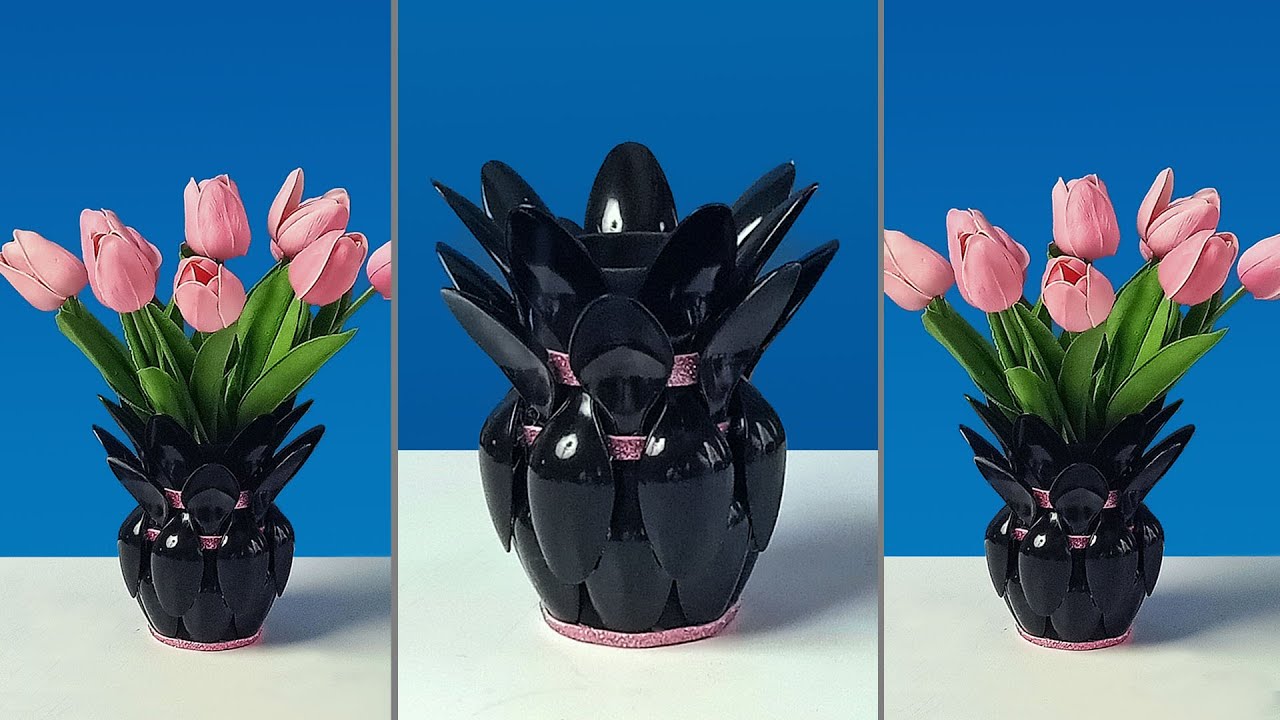 Beautiful Black Flower Vase make from Plastic Spoon | Flower Vase from Recycled Plastic Bottle