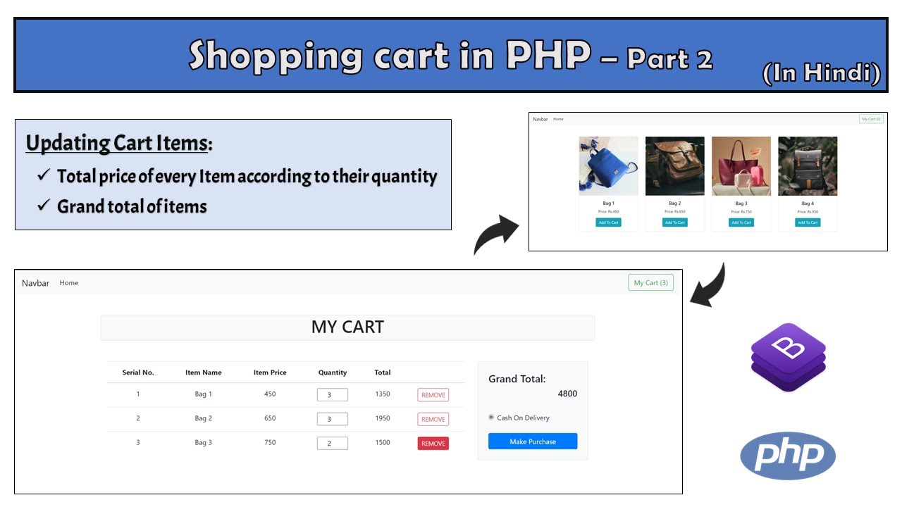 Shopping Cart in PHP - Part 2 | Updating Cart Items | Change total price when quantity changes