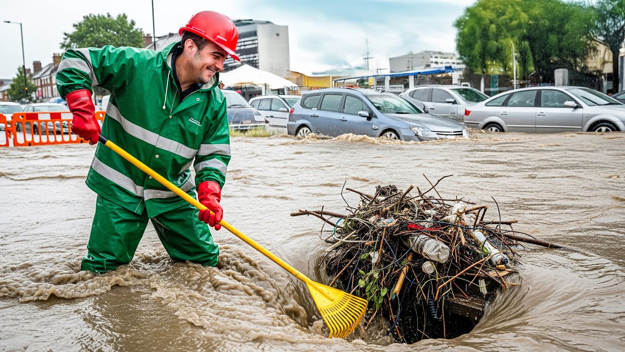 Storm Recovery Draining Flooded Roads and Clearing Debris