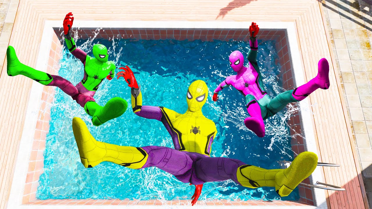 GTA 5 Rainbow Yellow Vs Green & Pink  Spiderman Jumping Into Pool (Euphoria Physics/Ragdolls) #1