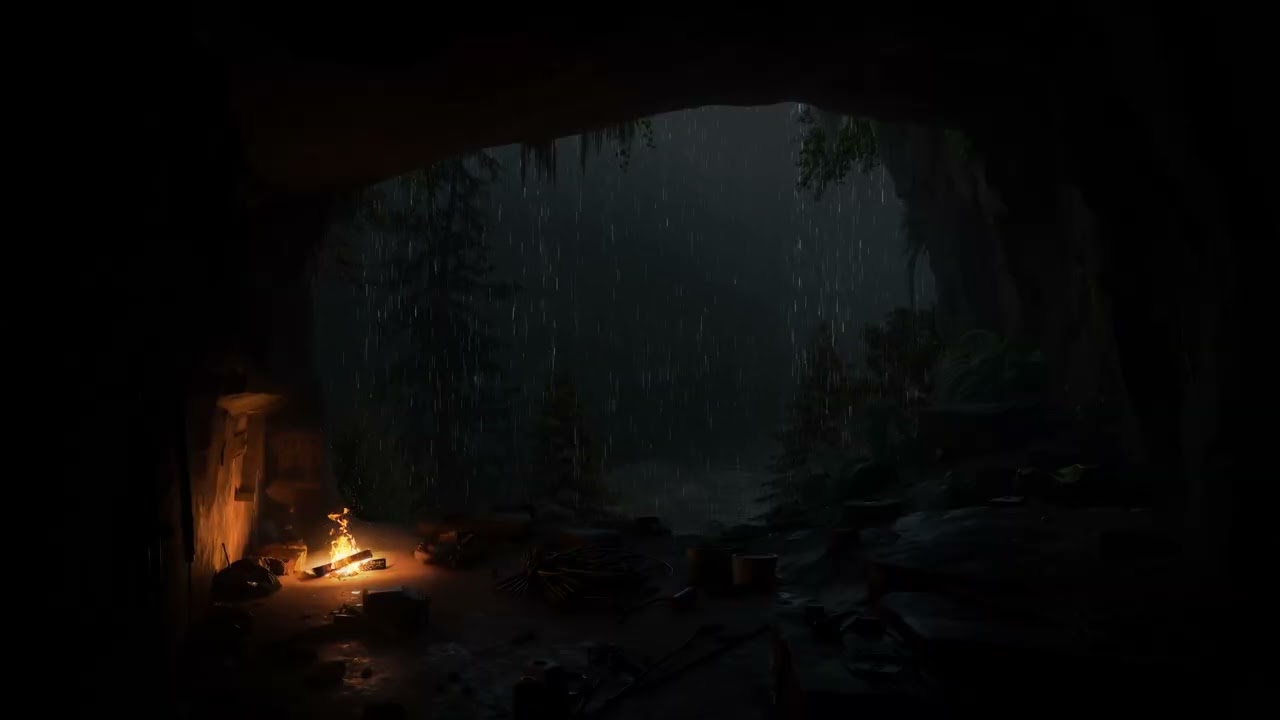 Noche Lluviosa En Una Cueva Del Bosque Con Sonidos De Fuego | Lluvia Intensa Y Ambiente De Chimenea