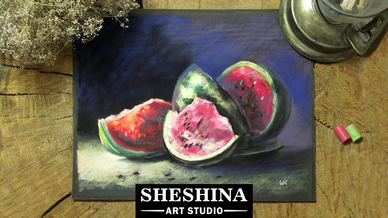 How to draw a watermelon with soft pastels 🎨 STILL LIFE