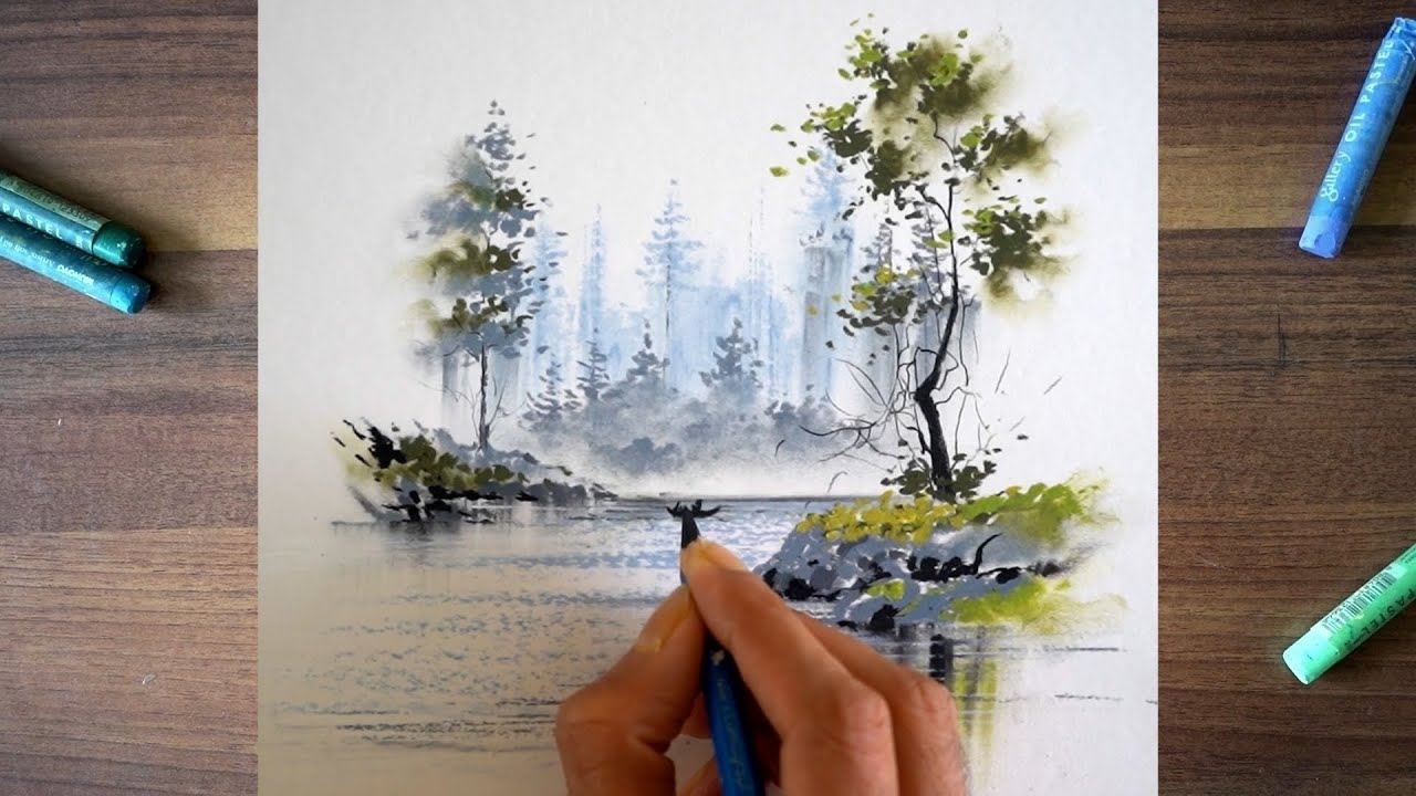 Simple & easy landscape drawing using oil pastels - full tutorial ( slow version )