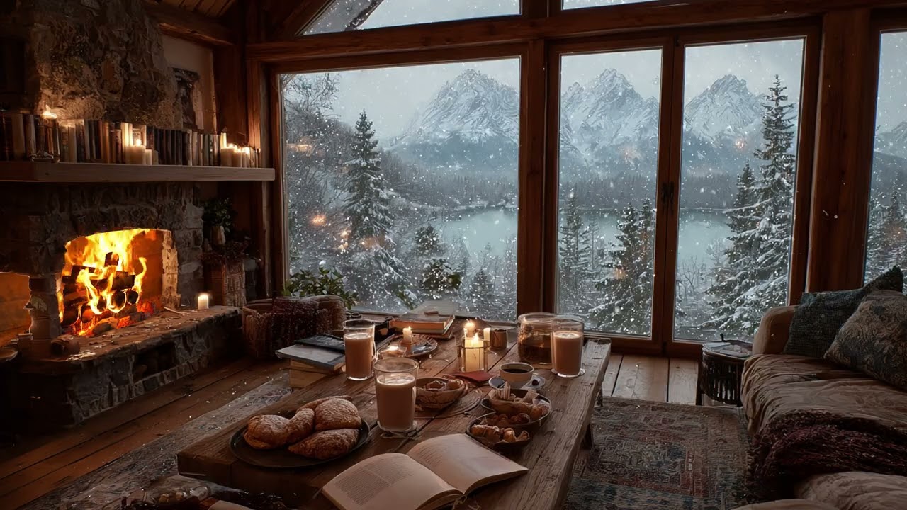 A Firelit Room Facing the Snowy Mountains | Slow Winter Evening in Complete Stillness