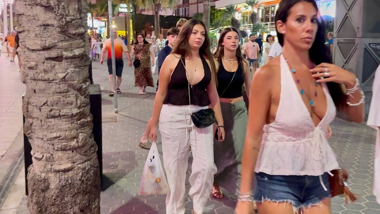 Spain. Nightlife Benidorm. Packed Levante Beach, Busy Bars & clubs 2025