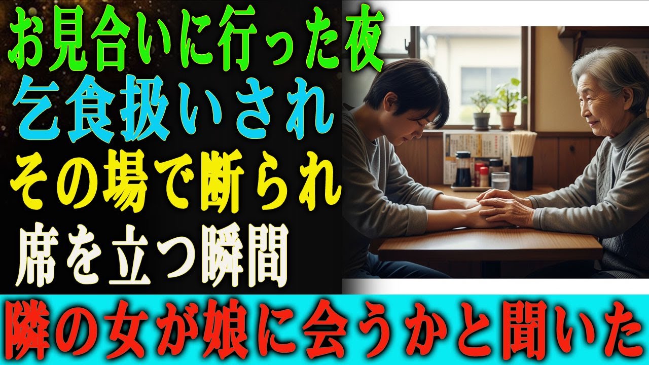 お見合いに出かけたが、 相手の女性から乞食扱いされ、その場で断られた。 席を立って帰ろうとしたその瞬間、 隣のテーブルの女性が近づいてきて言った。 「君、うちの娘と一度会ってみる気はない？」