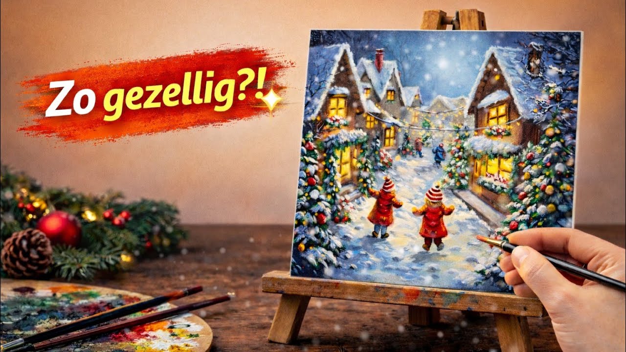 Blije kinderen in een kerststraat | Olieverf schilderen stap voor stap