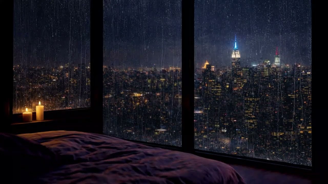 High-Rise Bedroom View of Tokyo at Night in Heavy Rain - Sleep & Relaxation 4K