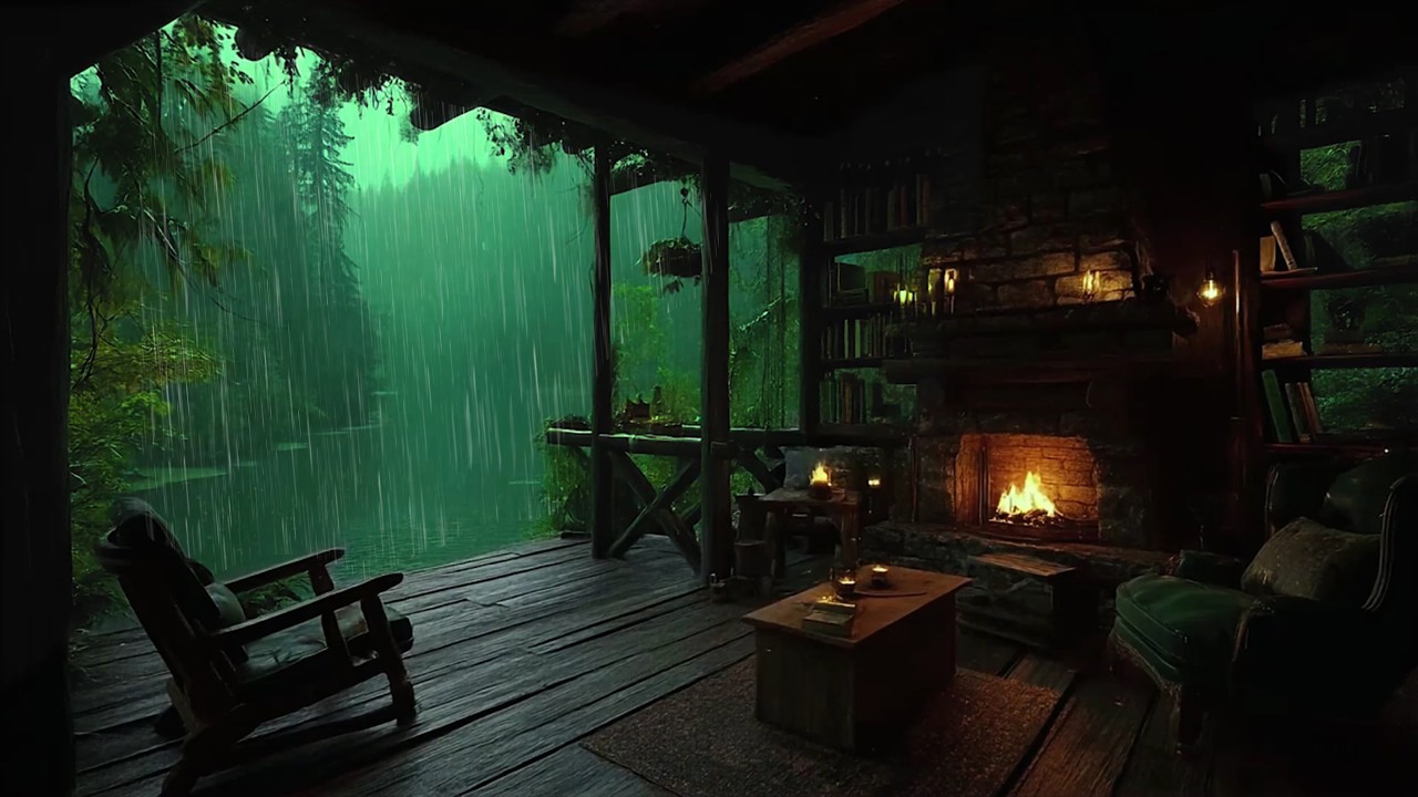 Find Comfort in the Tranquil Rain & Fire Place In Cozy Wooden Cabin 🛖  Feel Rejuvenated with Rain