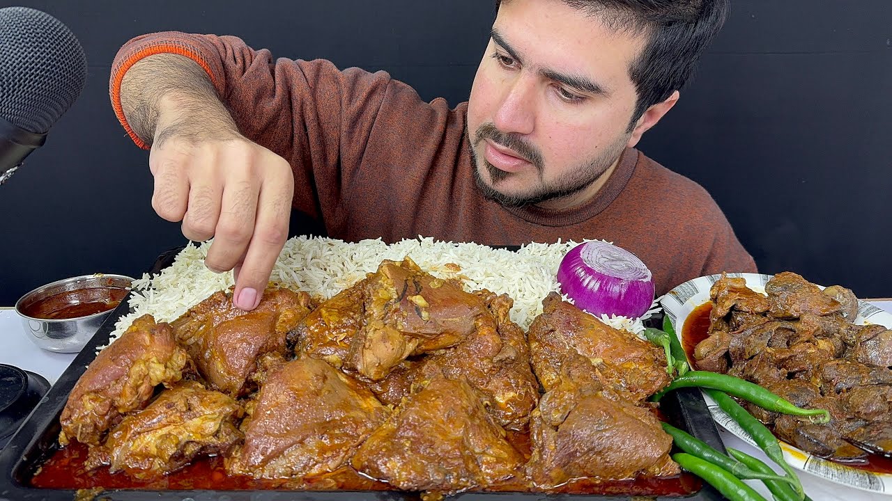 ASMR ; Eating Spicy Chicken Thai Curry+Chicken Liver Gizzard Curry with Rice+Raw Onion+Green Chilli