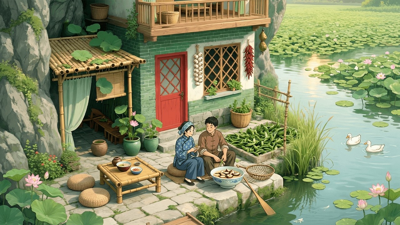 Living Quietly in a Tiny House by the Lotus Pond | Dreamy Ghibli Ambience 🌸✨