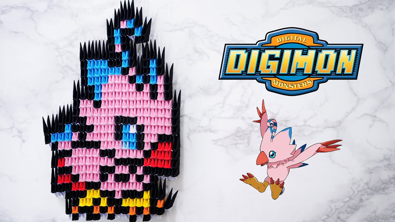 How to Make 3D Origami Pixel Art Biyomon (Piyomon) from Digimon (1/32 Size Tutorial)