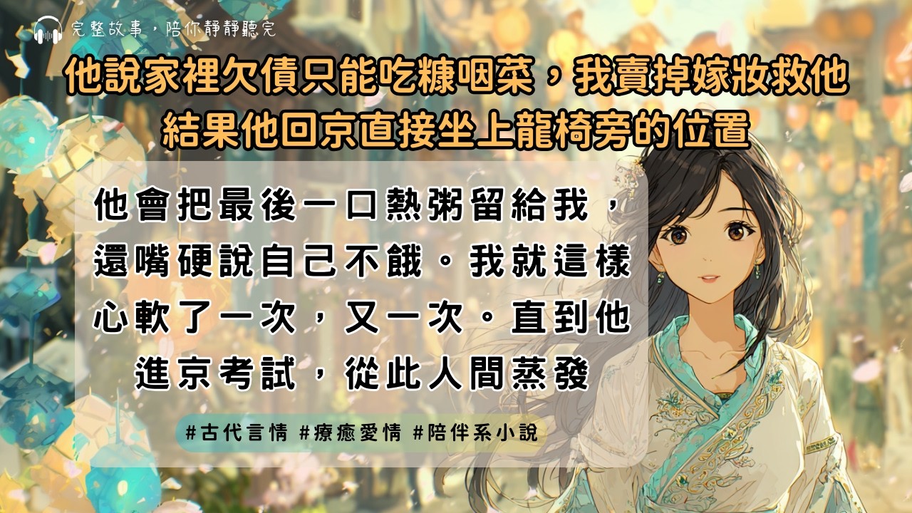 【完結】《他說家裡欠債只能吃糠咽菜，我賣掉嫁妝救他，結果他回京直接坐上龍椅旁的位置》他會把最後一口熱粥留給我，還嘴硬說自己不餓。我就這樣心軟了一次，又一次｜#古代言情 #一口氣聽完 #陪伴系小說
