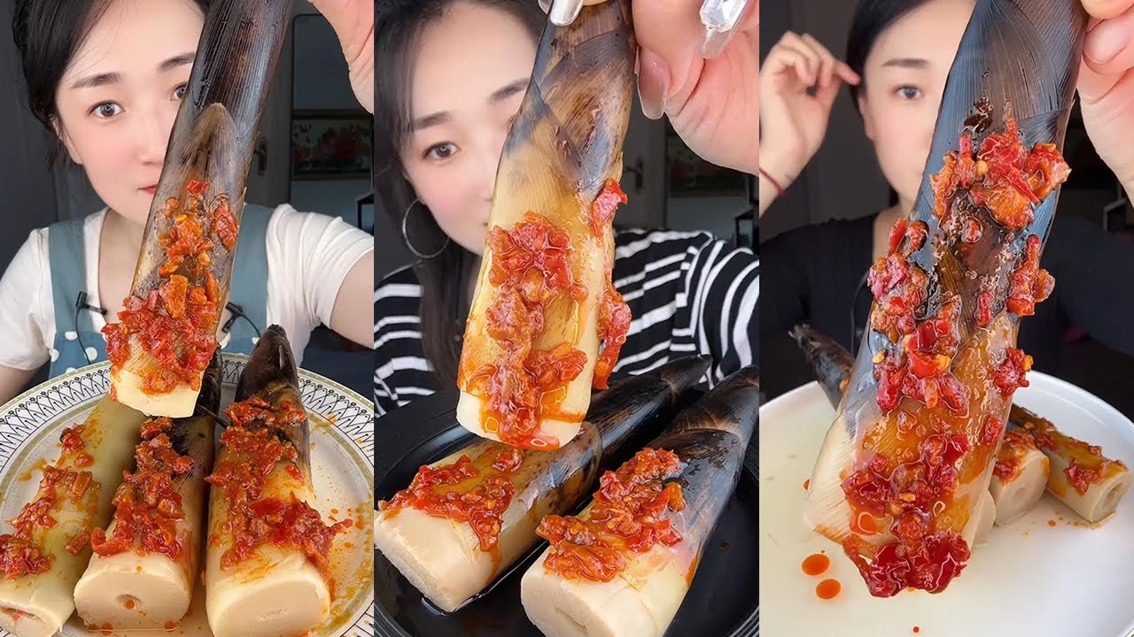 【Yummy】Hand peeled bamboo shoots with pickled peppers🌶#mukbang#asmr