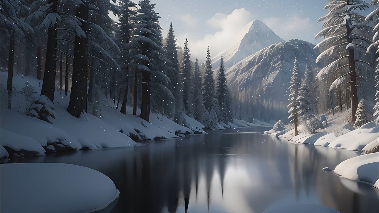 Relaxing Acoustic Music to Unwind & De-stress | Serene Winter Mountain River & Snowfall (1 Hour)