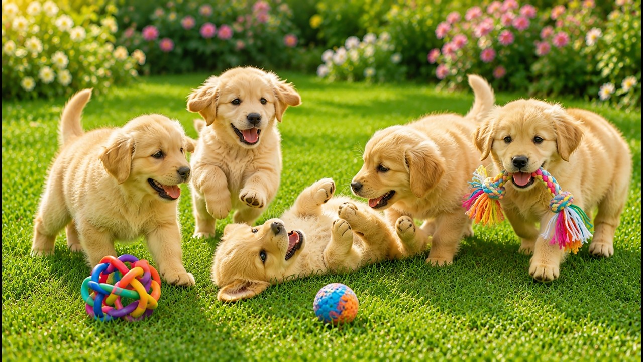 🌸🐾 Cute Golden Retriever Puppies Enjoying a Sunny Day on the Green Lawn | Dog Sounds | Puppy Video