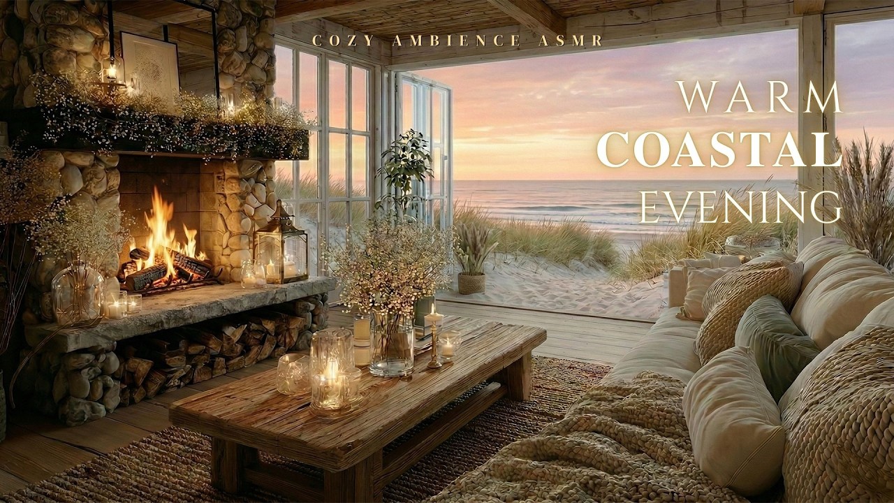Warm Coastal Evening 🔥🌊 Fireplace & Sea Waves for Deep Sleep & Relaxation
