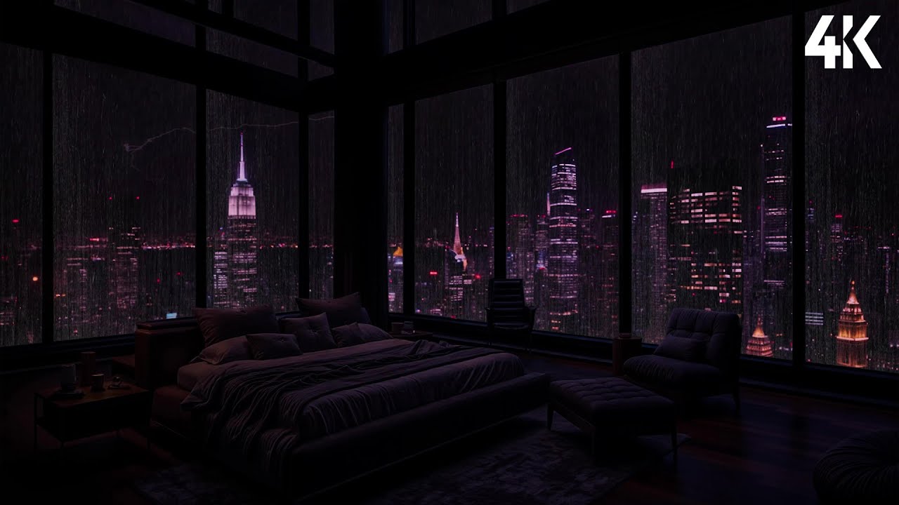 Rainy Night in New York City | Dark Bedroom Window Rain Sounds for Deep Sleep