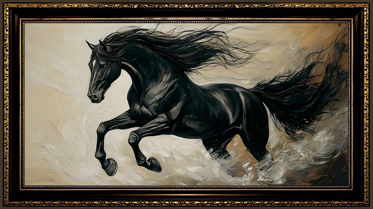 Black Horse, Impressionist Oil Painting | Vintage Gold Frame TV Art Screensaver