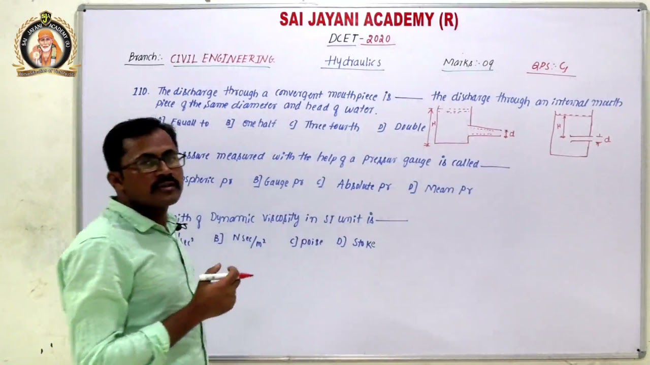 DIPLOMA CET CIVIL ENGG | DCET 2020 |QP SOLUTION| HYDRAULIC | SAIJAYANI ACADEMY (R)