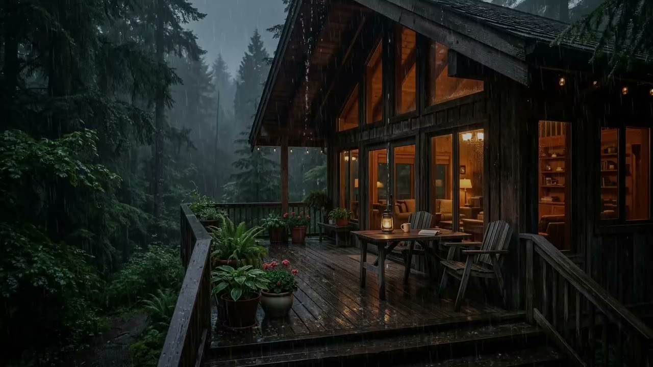 Heavy Tropical Rainstorm 🌧️ Pouring Outside A Jungle Cabin Surrounded By Lush Palms 🌴