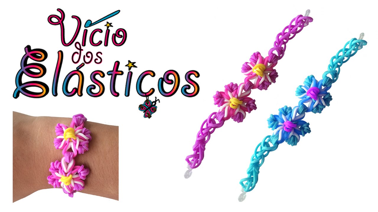 Como fazer Pulseira de Elásticos com duas flores (sem tear) - Rainbow Loom
