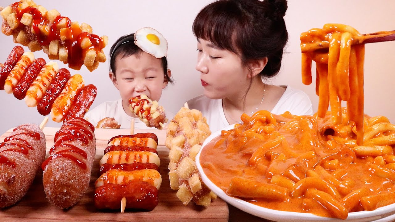 명랑핫도그🌭신메뉴 마라로제떡볶이 마따베이비도 함께 먹어용🧡 Corndogs&Spicy Mara Rose Tteokbkki MUKBANG