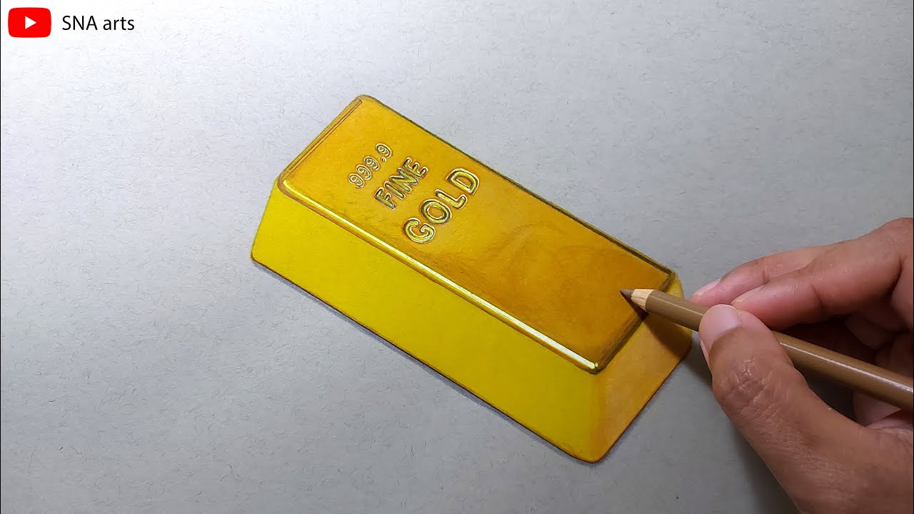 Drawing Realistic Gold Bar With Color Pencils || Polychromos