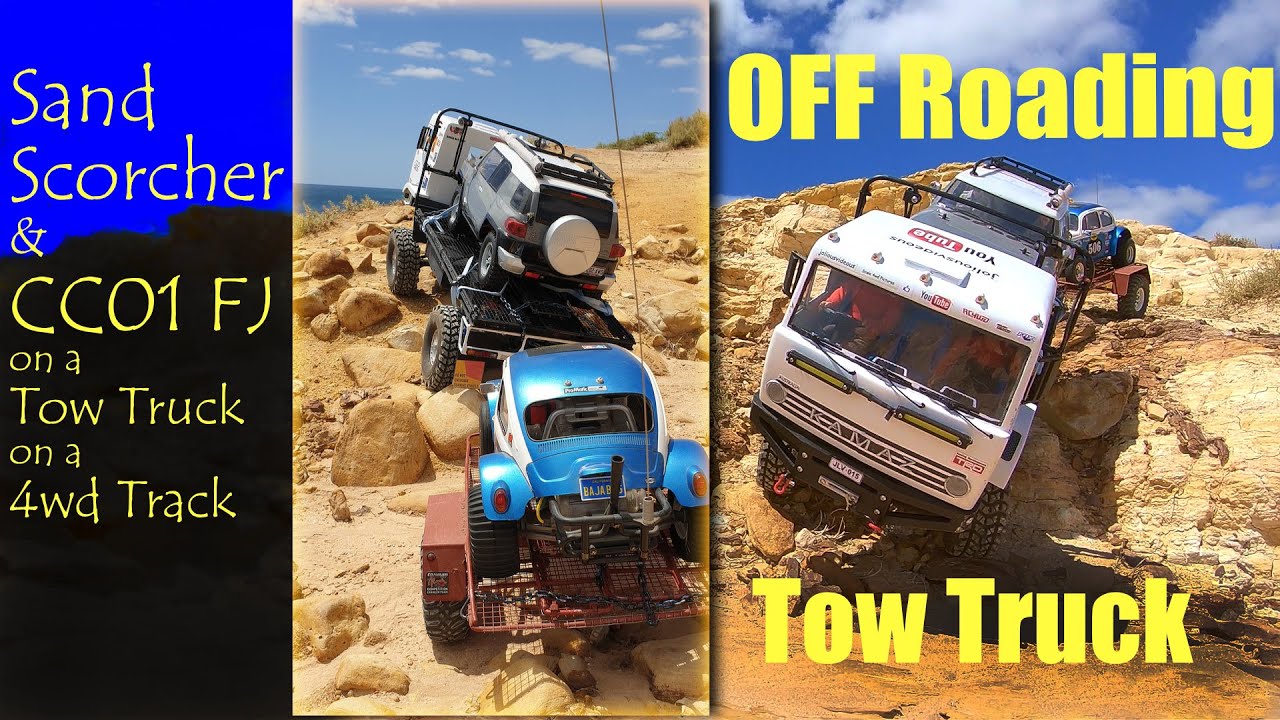 Sand Scorcher and CC01 FJ on an Off Road Tow Truck on a 4wd track part 1