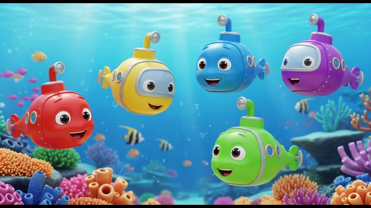 Cinco Pequenos Submarinos Vão Blub Blub Blub | Música de Aventura no Mar
