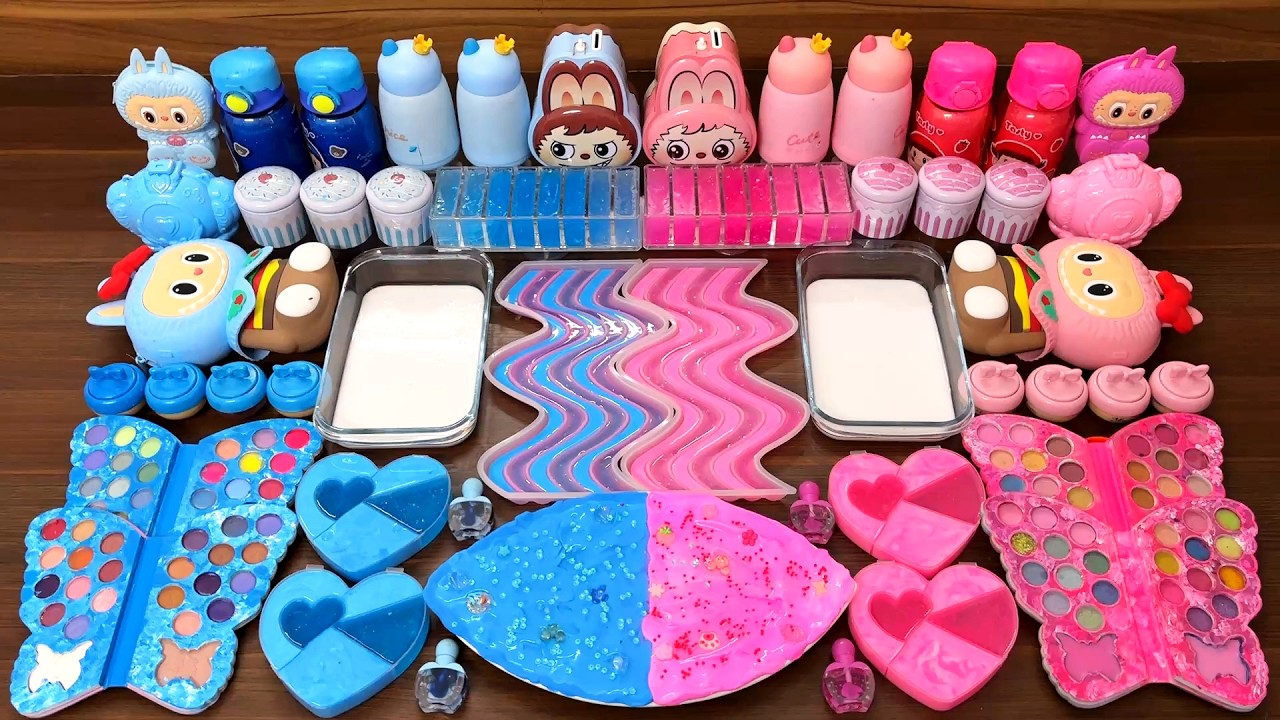 ASMR slime mixing – Blue vs pink Labubu glossy satisfying sounds